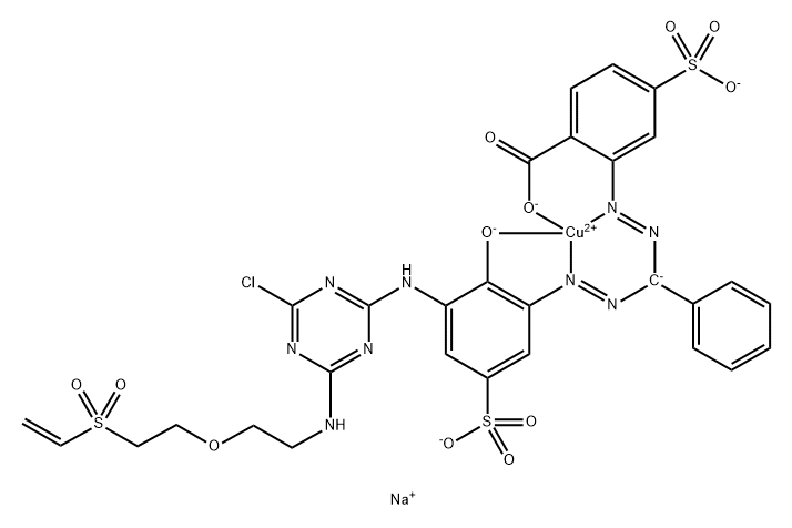 trisodium(2-(α-(3-(4-chloro-6-(2-(2-(vinylsulfonyl)ethoxy)ethylamino)-1,3,5-triazin-2-ylamino)-2-oxido-5-sulfonatophenylazo)benzylidenehydrazino)-4-sulfonatobenzoato)copper(II)