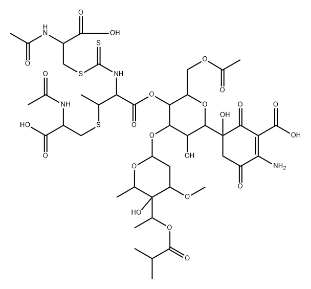 L-Cysteine, N-acetyl-, [2-[[2-(acetylamino)-2-carboxyethyl]thio]-1-carboxypropyl]carbamodithioate (ester), 1'→4'-ester with 5-[6-O-acetyl-3-O-[2,6-dideoxy-3-O-methyl-4-C-[1-(2-methyl-1-oxopropoxy)ethyl]-α-L-lyxo-hexopyranosyl]-β-D-allopyranosyl]-2-amino-5-hydroxy-3,6-dioxo-1-cyclohexene-1-carboxylic...