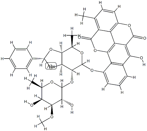 Benzo(h)(1)benzopyrano(5,4,3-cde)(1)benzopyran-5,12-dione, 10-((6-deox y-2-O-(6-deoxy-3-O-methyl-alpha-D-galactopyranosyl)-3,4-O-(phenylmethy lene)-beta-D-galactopyranosyl)oxy)-6-hydroxy-1-methyl-