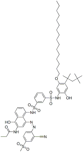 3-[8-[2-Cyano-4-(methylsulfonyl)phenylazo]-5-hydroxy-6-(propionylamino)-1-naphtylaminosulfonyl]-N-[5-hexadecyloxy-2-hydroxy-4-(1,1,3,3-tetramethylbutyl)phenyl]benzenesulfonamide