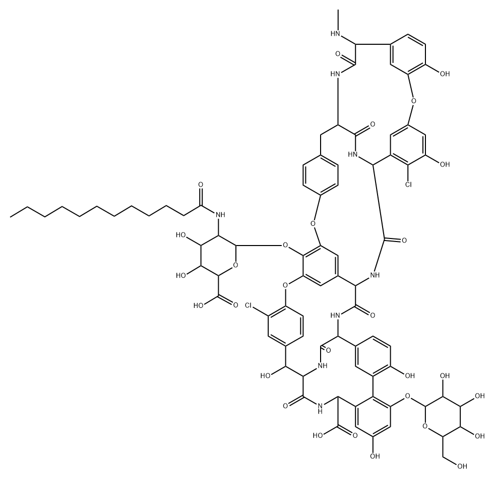 Ristomycin A aglycone, 5,31-dichloro-7-demethyl-64-O-demethyl-19-deoxy-56-O-[2-deoxy-2-[(1-oxododecyl)amino]-β-D-glucopyranuronosyl]-42-O-α-D-mannopyranosyl-N15-methyl-