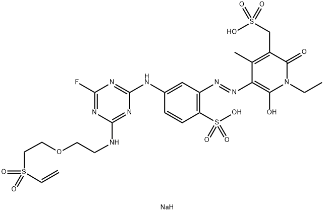 3-Pyridinemethanesulfonic acid, 5-5-4-2-2-(ethenylsulfonyl)ethoxyethylamino-6-fluoro-1,3,5-triazin-2-ylamino-2-sulfophenylazo-1-ethyl-1,2-dihydro-6-hydroxy-4-methyl-2-oxo-, disodium salt