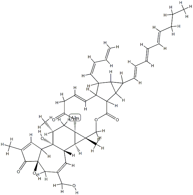 12-deoxy-16-hydroxyphorbol-4'-(12',14'-butadienyl)-6'-(16',18',20'-nonatrienyl)-bicyclo(3.1.0)hexane-(13-O)-2'-(carboxylate)-(16-O)-3'-(8'-butenoic-10')ate