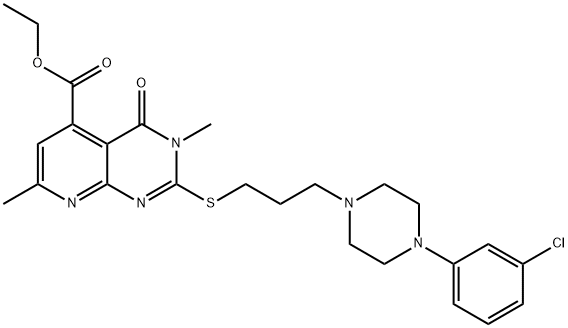 ethyl 9-[3-[4-(3-chlorophenyl)piperazin-1-yl]propylsulfanyl]-3,8-dimet hyl-7-oxo-2,8,10-triazabicyclo[4.4.0]deca-1,3,5,9-tetraene-5-carboxyla te