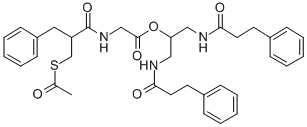 Glycine, N-(2-((acetylthio)methyl)-1-oxo-3-phenylpropyl)-, 2-((1-oxo-3 -phenylpropyl)amino)-1-(((1-oxo-3-phenylpropyl)amino)methyl)ethyl este r, (+-)-