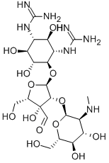 N,N'-Bis(aminoiminomethyl)-4-O-[2-O-(2-deoxy-2-methylamino-α-L-glucopyranosyl)-3-C-formyl-α-L-lyxofuranosyl]-D-streptamine