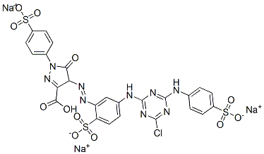 trisodium hydrogen 4-[[5-[[4-chloro-6-[(4-sulphonatophenyl)amino]-1,3,5-triazin-2-yl]amino]-2-sulphonatophenyl]azo]-4,5-dihydro-5-oxo-1-(4-sulphonatophenyl)-1H-pyrazole-3-carboxylate