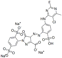 1H-Pyrazole-3-carboxylic acid, 4-[[5-[(5-chloro-2-fluoro- 6-methyl-4-pyrimidinyl)amino]-2-sulfophenyl]azo] -1-(2,5-disulfophenyl)-4,5-dihydro-5-oxo-, trisodium salt