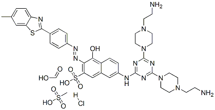 2-Naphthalenesulfonic acid, 7-[[4,6-bis[4-(2-aminoethyl)-1-piperazinyl]-1,3,5-triazin-2-yl]amino]-4-hydroxy-3-[[4-(6-methyl-2-benzothiazolyl)phenyl]azo]-, formate (salt) hydrochloride methanesulfonate (salt)
