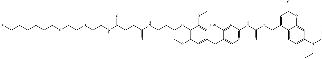 Carbamic acid, N-[4-amino-5-[[4-[(21-chloro-5,8-dioxo-12,15-dioxa-4,9-diazaheneicos-1-yl)oxy]-3,5-dimethoxyphenyl]methyl]-2-pyrimidinyl]-, [7-(diethylamino)-2-oxo-2H-1-benzopyran-4-yl]methyl ester