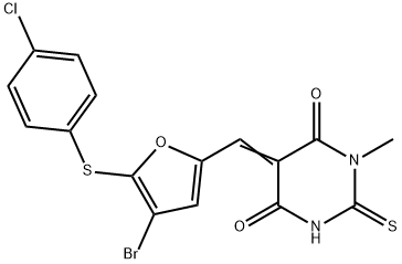 (5E)-5-({4-bromo-5-[(4-chlorophenyl)sulfanyl]furan-2-yl}methylidene)-1-methyl-2-thioxodihydropyrimidine-4,6(1H,5H)-dione