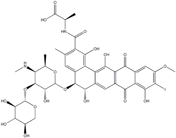 D-Alanine, N-[[5-[[4,6-dideoxy-4-(methylamino)-3-O-.beta.-D-xylopyrano syl-.beta.-D-galactopyranosyl]oxy]-5,6,8,13-tetrahydro-1,6,9,14-tetrah ydroxy-10-iodo-11-methoxy-3-methyl-8,13-dioxobenzo[a]naphthacen-2-yl]c arbonyl]-, (5S-trans)- (9CI)