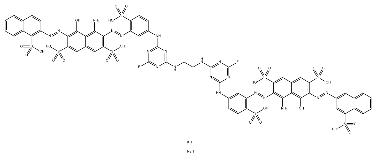 1,2-bis[4-fluoro-6-{4-sulfo-5-(2-(4-sulfonaphtalene-3-ylazo)-1-hydroxy-3,6-disulfo-8-aminonaphthalene-7-ylazo)phenylamino}-1,3,5-triazin-2ylamino]ethanex-sodium, y-potassium salts x = 7,755    y = 0,245