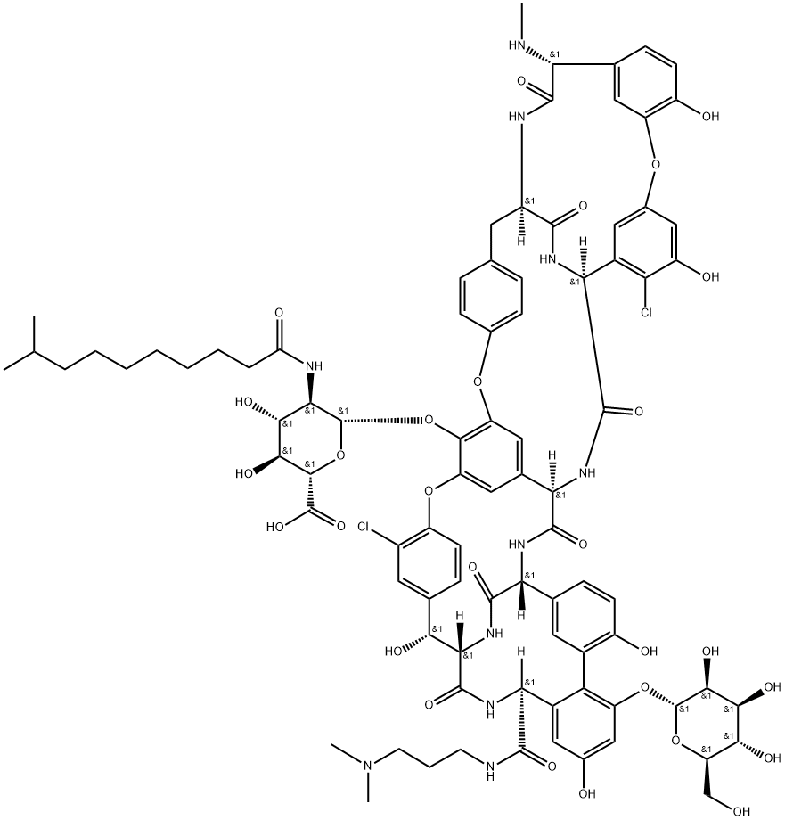 Ristomycin A aglycone, 5,31-dichloro-38-de(methoxycarbonyl)-7-demethyl-19-deoxy-56-O-[2-deoxy-2-[(9-methyl-1-oxodecyl)amino]-β-D-glucopyranuronosyl]-38-[[[3-(dimethylamino)propyl]amino]carbonyl]-42-O-α-D-mannopyranosyl-N15-methyl- (9CI)