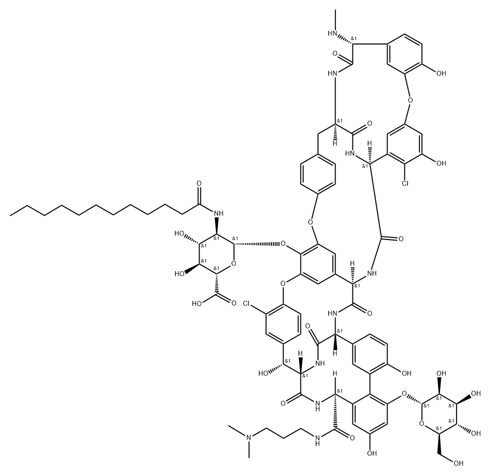 Ristomycin A aglycone, 5,31-dichloro-38-de(methoxycarbonyl)-7-demethyl-19-deoxy-56-O-[2-deoxy-2-[(1-oxododecyl)amino]-β-D-glucopyranuronosyl]-38-[[[3-(dimethylamino)propyl]amino]carbonyl]-42-O-α-D-mannopyranosyl-N15-methyl- (9CI)